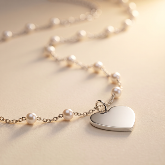 A silver heart pendant necklace with a delicate silver chain and small white pearl beads, displayed on a warm beige surface.