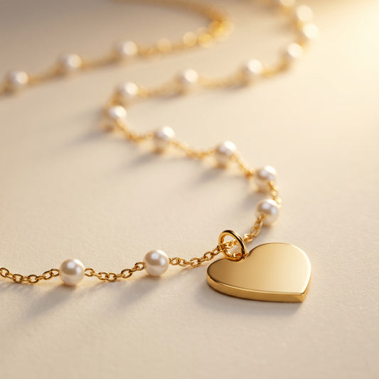 A gold heart pendant necklace with a delicate gold chain and small white pearl beads, displayed on a warm beige surface.
