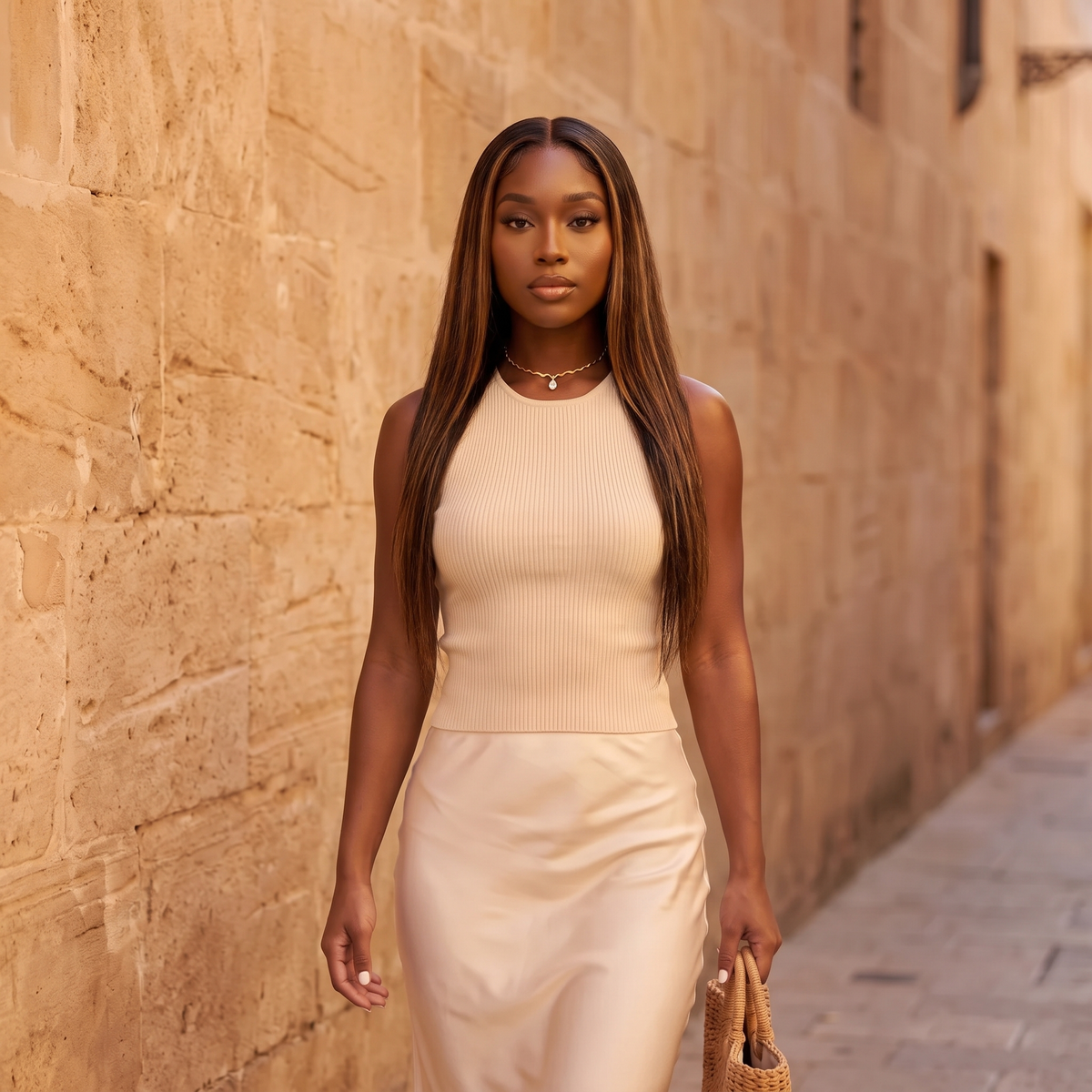 Model walking down a sunlit street wearing the Onda Choker in gold