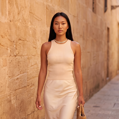 Model walking down a sunlit street wearing the Luce Choker in gold