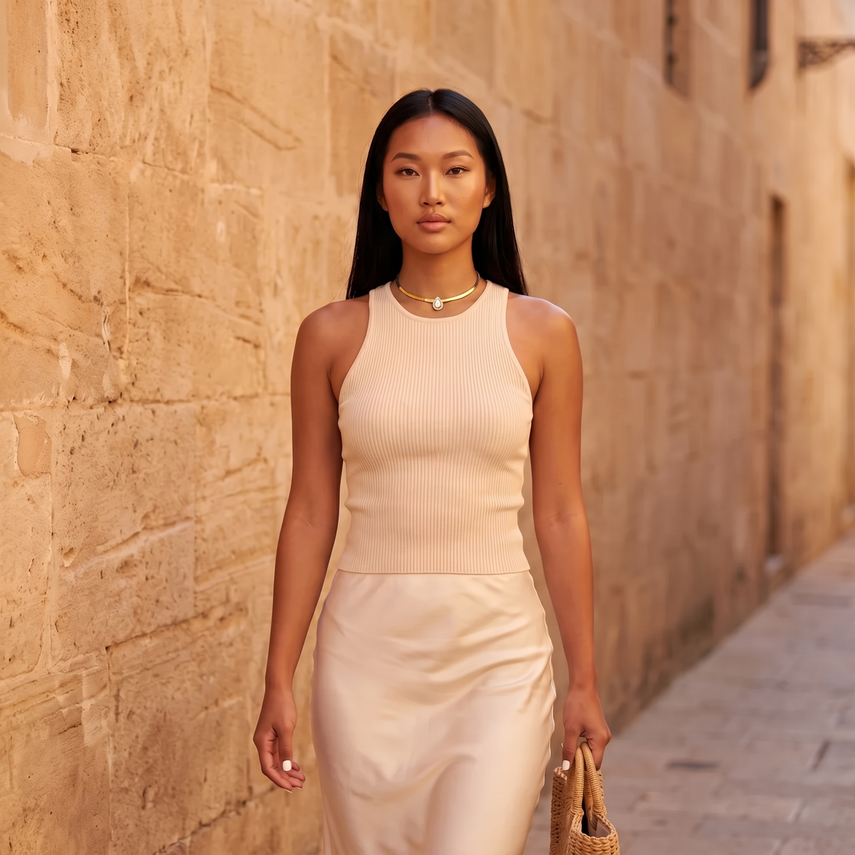 Model walking down a sunlit street wearing the Aura Choker in gold