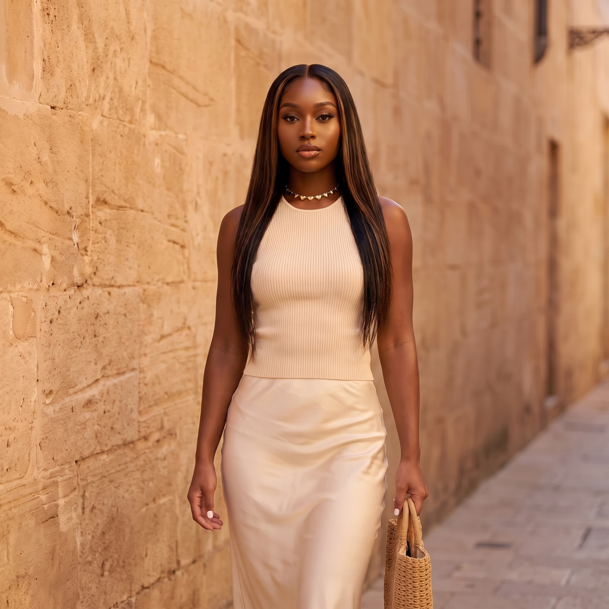 Model walking down a sunlit street wearing the Cuori Choker in gold
