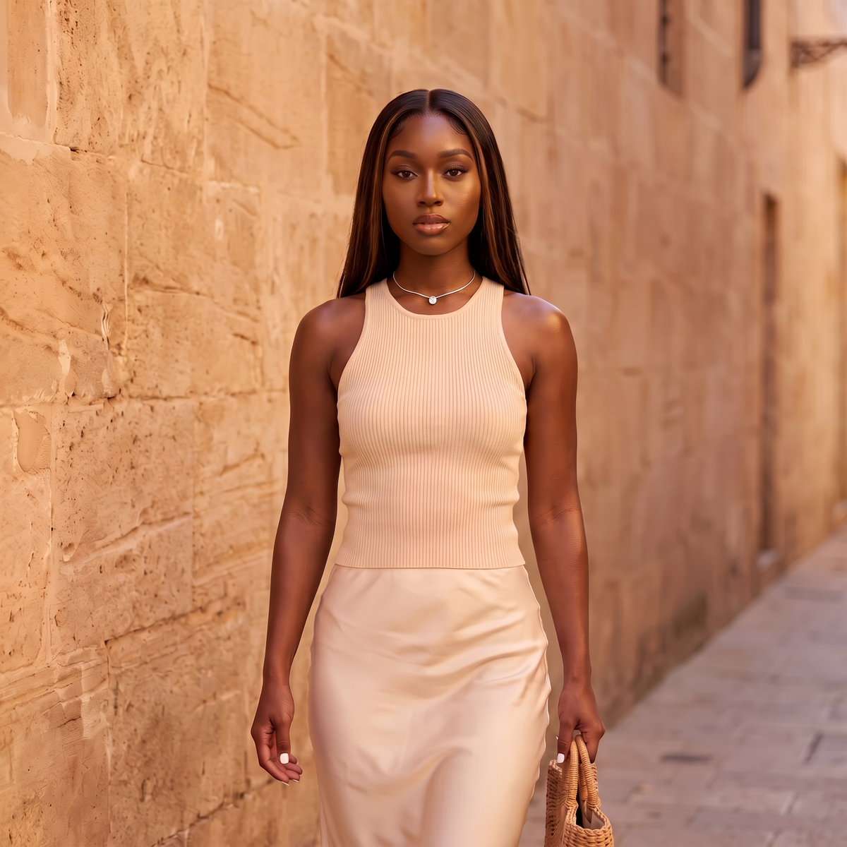 Model walking down a sunlit street wearing the Unica Choker in silver