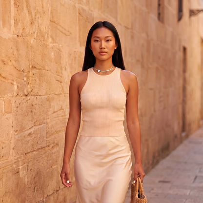 Model walking down a sunlit street wearing the Giro Choker in silver