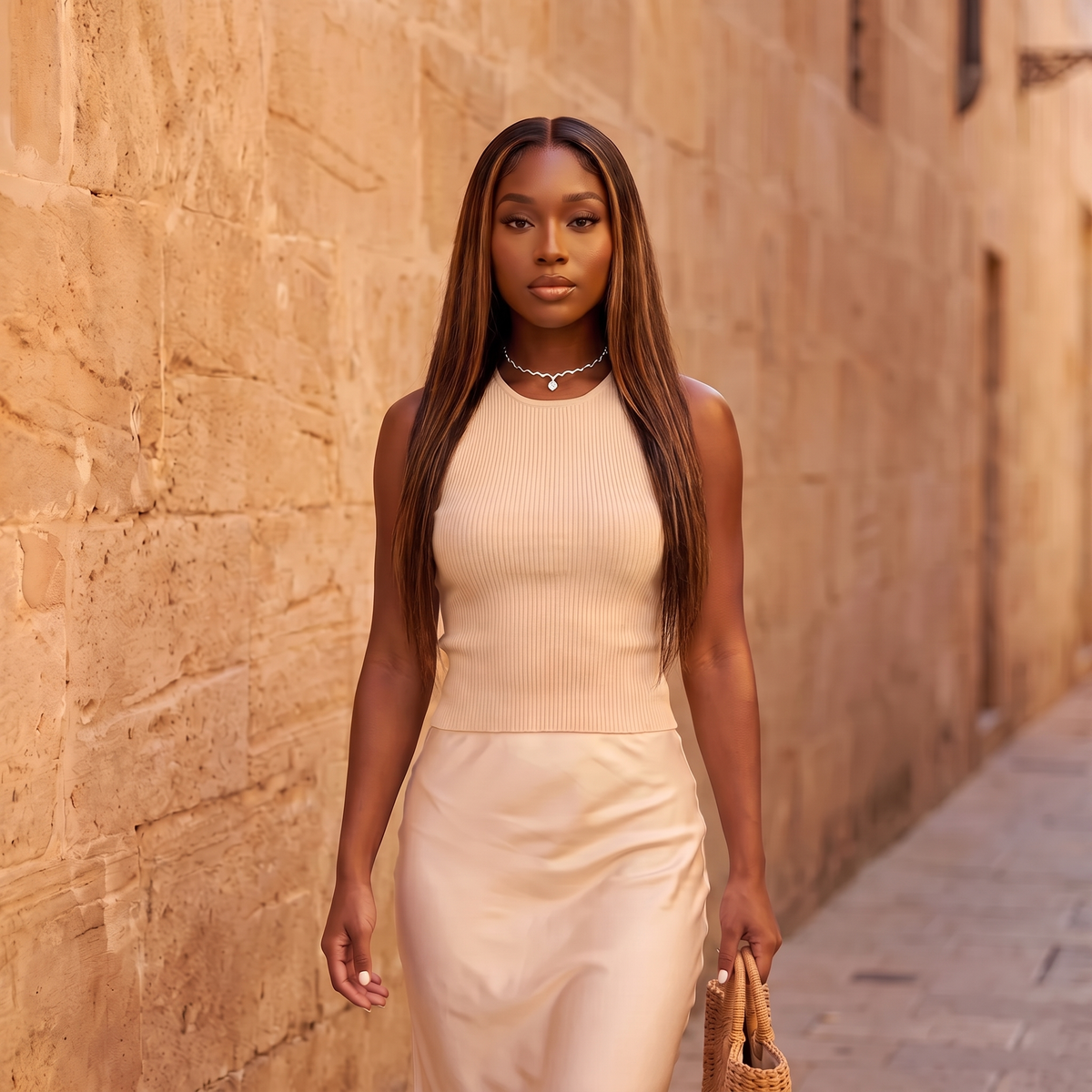 Model walking down a sunlit street wearing the Onda Choker in silver