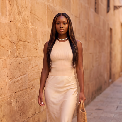 Model walking down a sunlit street wearing the Cuori Choker in silver