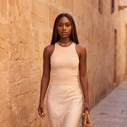 Model walking down a sunlit street wearing the Filo Choker in silver