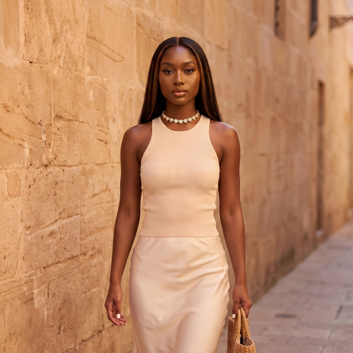 Model walking down a sunlit street wearing the Amore Choker in gold
