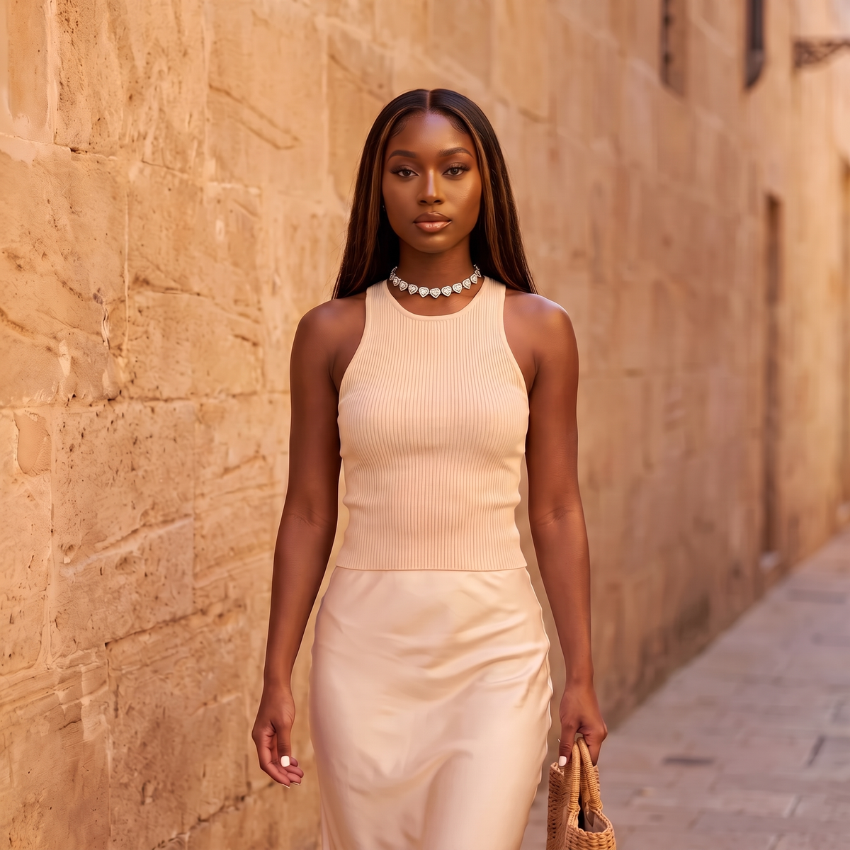 Model walking down a sunlit street wearing the Amore Choker in silver