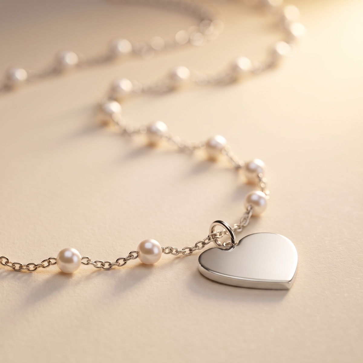 A silver heart pendant necklace with a delicate silver chain and small white pearl beads, displayed on a warm beige surface.